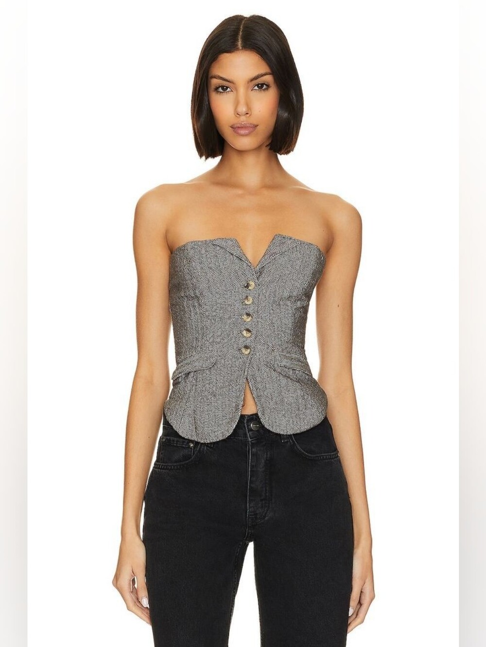 Free People Jamie Tube Top Strapless Herringbone Gray Button Front Vest Size M